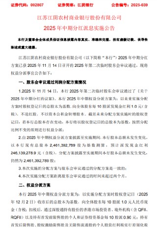江阴银行公布2025年中期权益分派方案：每10股派发现金红利1元