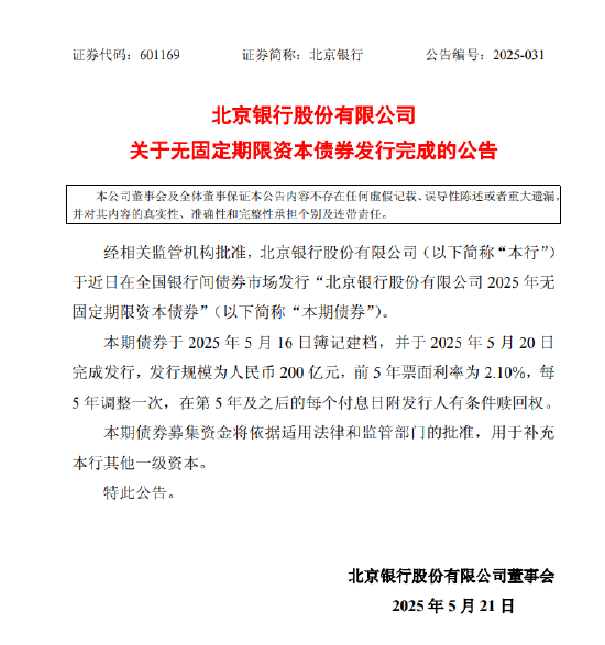 北京银行:200亿元无固定期限资本债券发行完成 第1张 北京银行:200亿元无固定期限资本债券发行完成 第1张